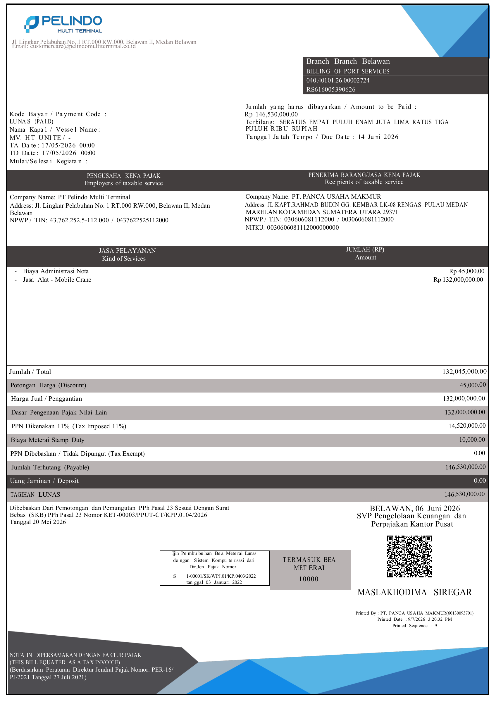 Nota MV. HT UNITE (HMC CRANE), nomor RS616005390626. Gunakan Buka PDF untuk membaca teks dokumen asli.